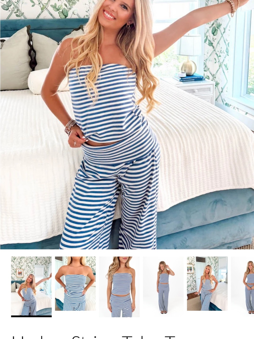 Day + Moon Stripe Tube Top Set - Blue & White - Picture 3 of 5